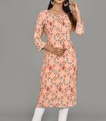 Women printed design with saganeri embroidery peach color Kurta  