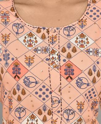 Women printed design with saganeri embroidery peach color Kurta   3