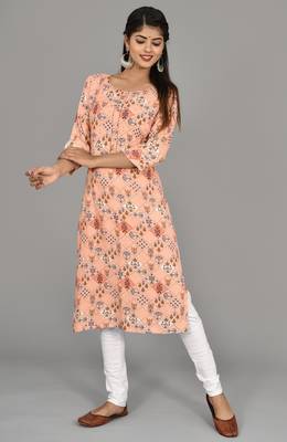 Women printed design with saganeri embroidery peach color Kurta   4