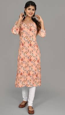 Women printed design with saganeri embroidery peach color Kurta   5
