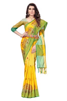 Women's  Yellow Cotton Silk Foil Printed saree&Havey Belt with blouse piece 1