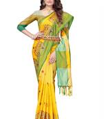 Women's  Yellow Cotton Silk Foil Printed saree&Havey Belt with blouse piece