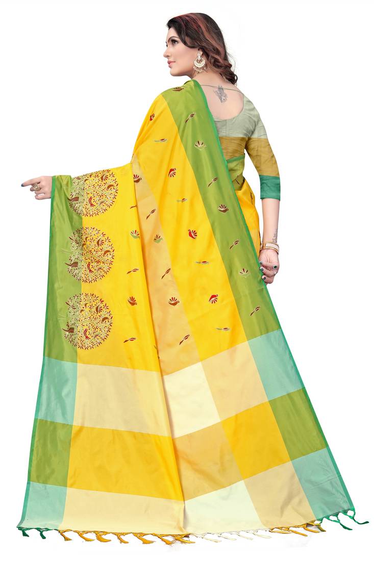 Women's  Yellow Cotton Silk Foil Printed saree&Havey Belt with blouse piece