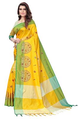 Women's  Yellow Cotton Silk Foil Printed saree&Havey Belt with blouse piece 3