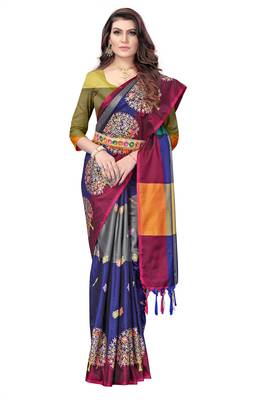 Women's  Blue Cotton Silk Foil Printed saree&Havey Belt with blouse piece 1