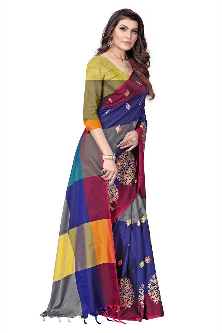 Women's  Blue Cotton Silk Foil Printed saree&Havey Belt with blouse piece