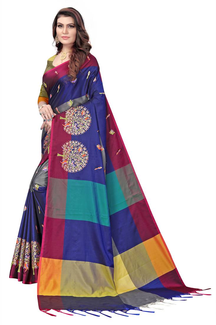 Women's  Blue Cotton Silk Foil Printed saree&Havey Belt with blouse piece