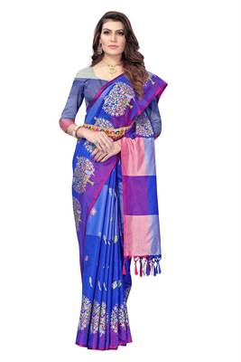 Women's  Blue Cotton Silk Foil Printed saree&Havey Belt with blouse piece 1