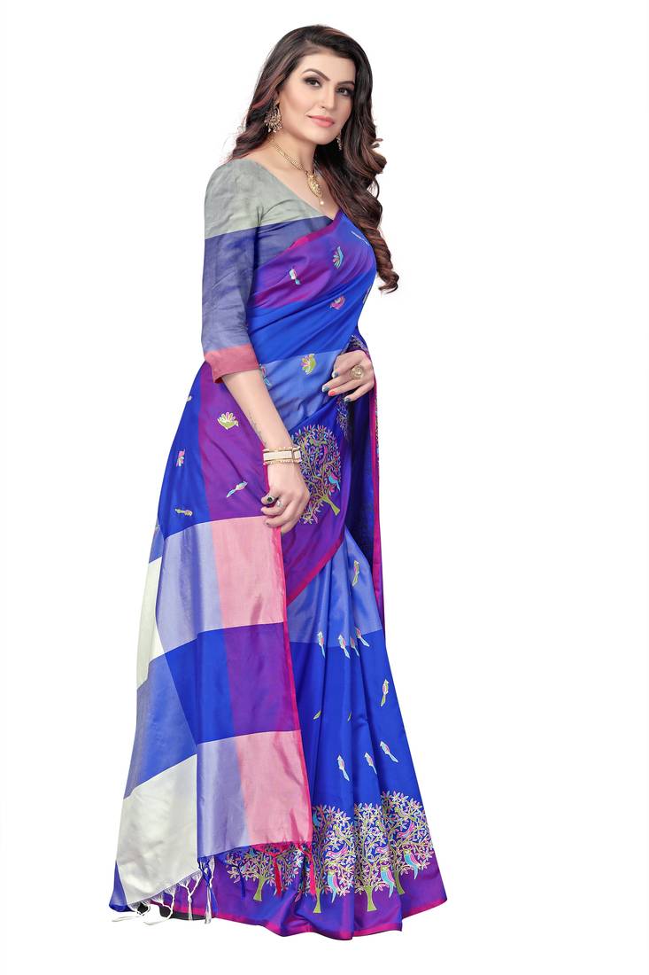 Women's  Blue Cotton Silk Foil Printed saree&Havey Belt with blouse piece