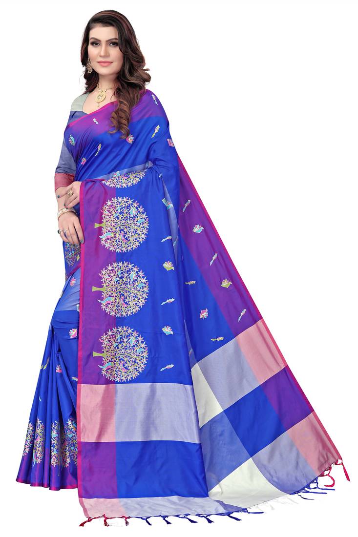 Women's  Blue Cotton Silk Foil Printed saree&Havey Belt with blouse piece