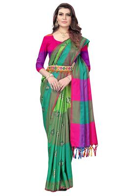 Women's  Green Cotton Silk Foil Printed saree&Havey Belt with blouse piece 1