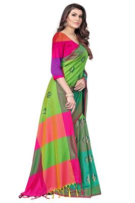 Women's  Green Cotton Silk Foil Printed saree&Havey Belt with blouse piece 2
