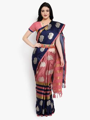 Women's  Pink Cotton Silk Foil Printed saree&Havey Belt with blouse piece 1