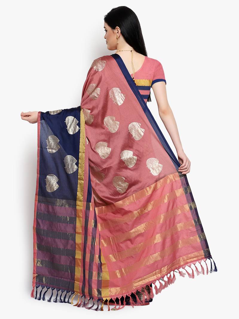 Women's  Pink Cotton Silk Foil Printed saree&Havey Belt with blouse piece