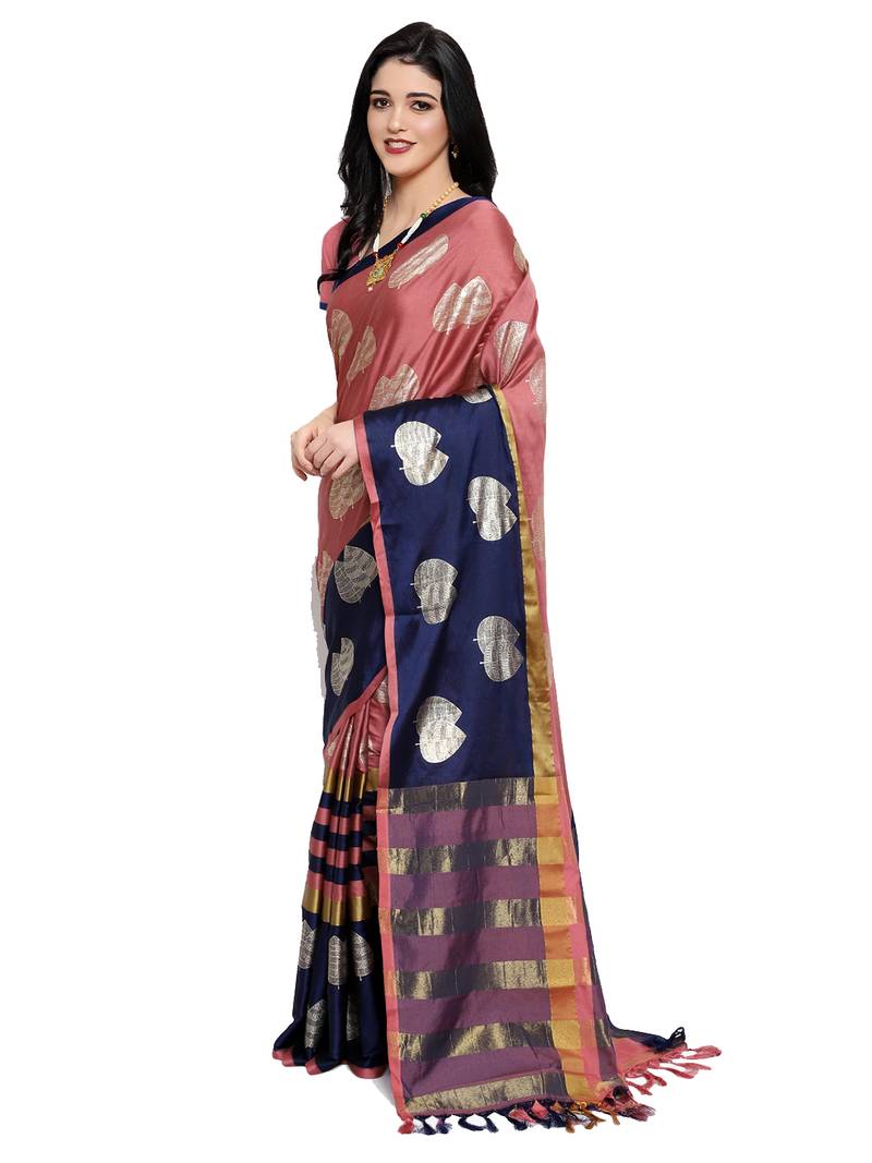 Women's  Pink Cotton Silk Foil Printed saree&Havey Belt with blouse piece