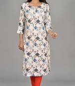 White Flower Deisgn Saganeri Print Kurti with Embroidery