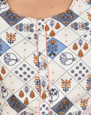 White Flower Deisgn Saganeri Print Kurti with Embroidery 3