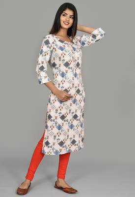 White Flower Deisgn Saganeri Print Kurti with Embroidery 4