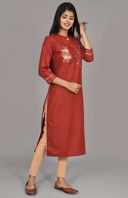 Wine Color Women Embroidered Straight Kurta  4
