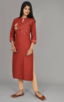 Wine Color Women Embroidered Straight Kurta  5
