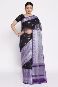 blue Oraganza Silk Banarasi Zari Booti Skirt Border Saree