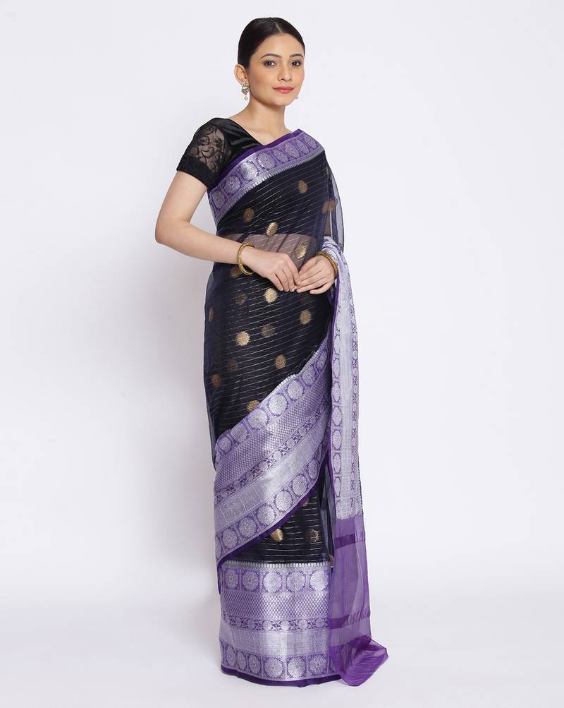 blue Oraganza Silk Banarasi Zari Booti Skirt Border Saree