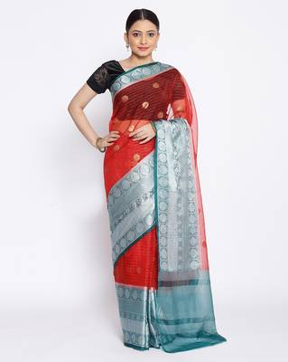 red Oraganza Silk Banarasi Zari Booti Skirt Border Saree 1