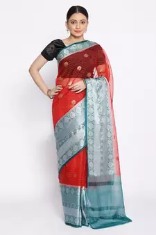 red Oraganza Silk Banarasi Zari Booti Skirt Border Saree