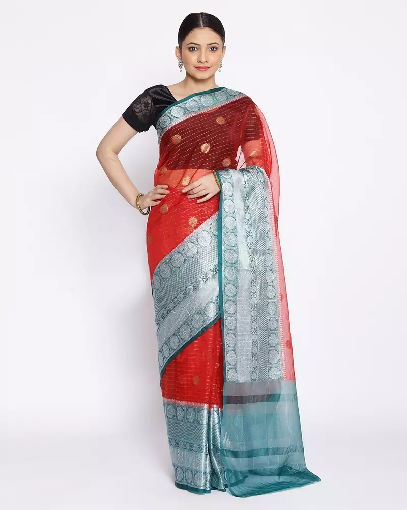 red Oraganza Silk Banarasi Zari Booti Skirt Border Saree