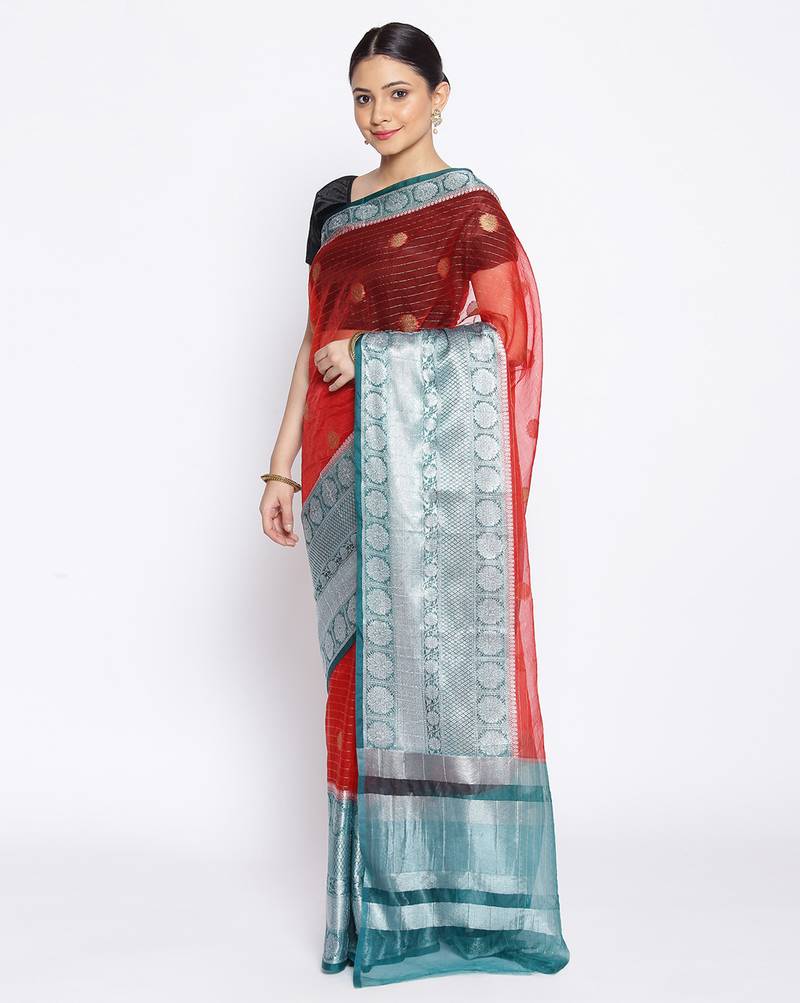 red Oraganza Silk Banarasi Zari Booti Skirt Border Saree