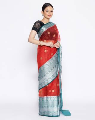 red Oraganza Silk Banarasi Zari Booti Skirt Border Saree 3