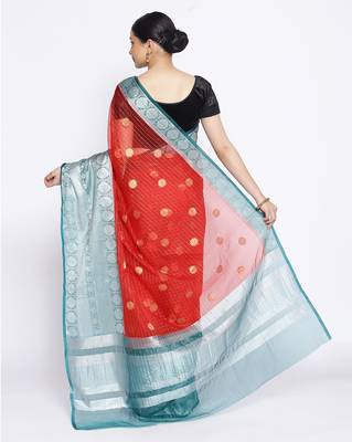 red Oraganza Silk Banarasi Zari Booti Skirt Border Saree 4