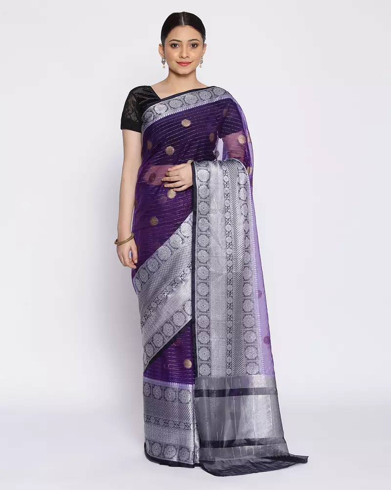 blue Oraganza Silk Banarasi Zari Booti Skirt Border Saree