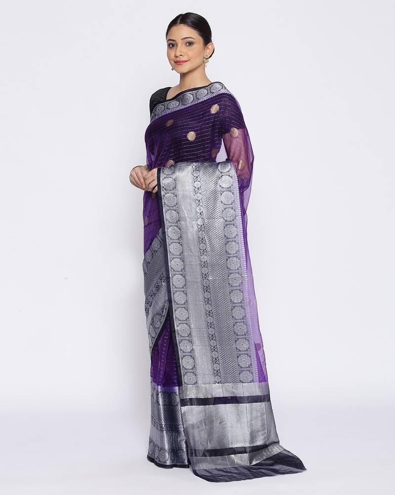 blue Oraganza Silk Banarasi Zari Booti Skirt Border Saree