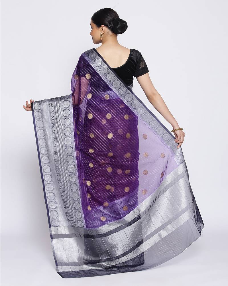 blue Oraganza Silk Banarasi Zari Booti Skirt Border Saree