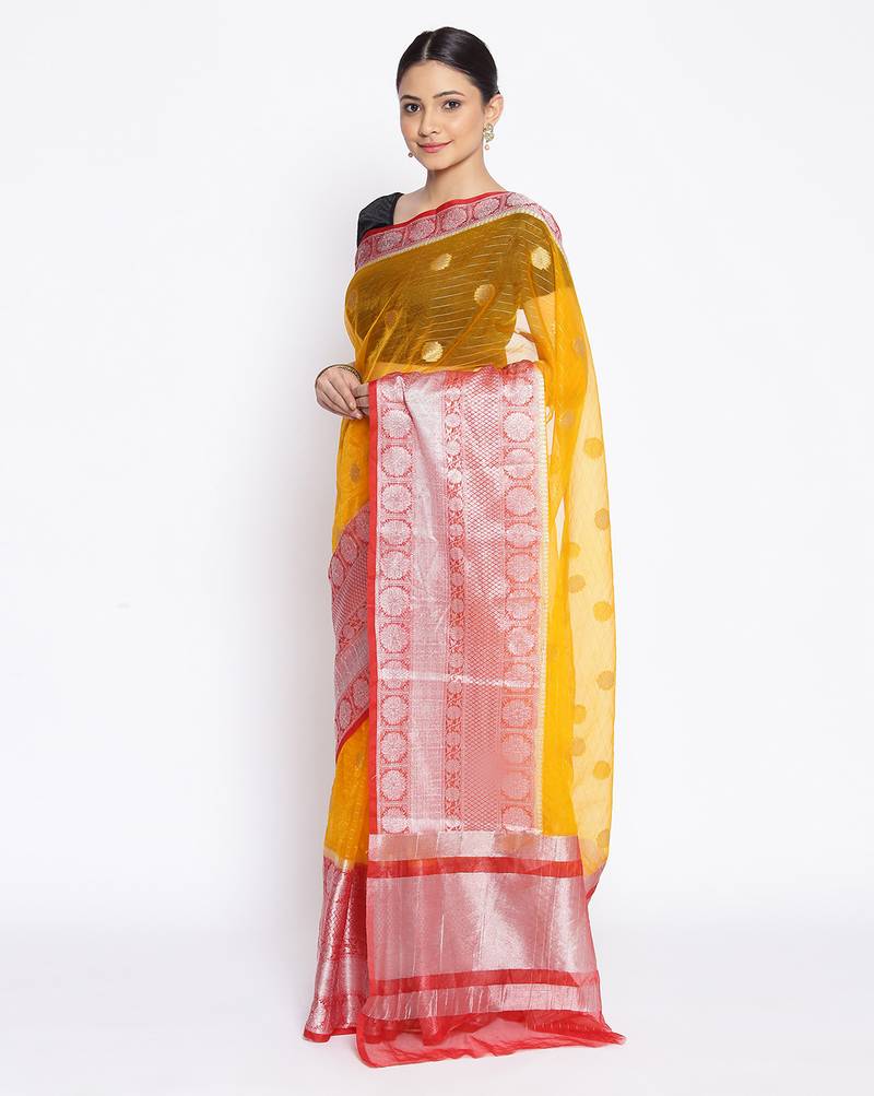 yellow Oraganza Silk Banarasi Zari Booti Skirt Border Saree