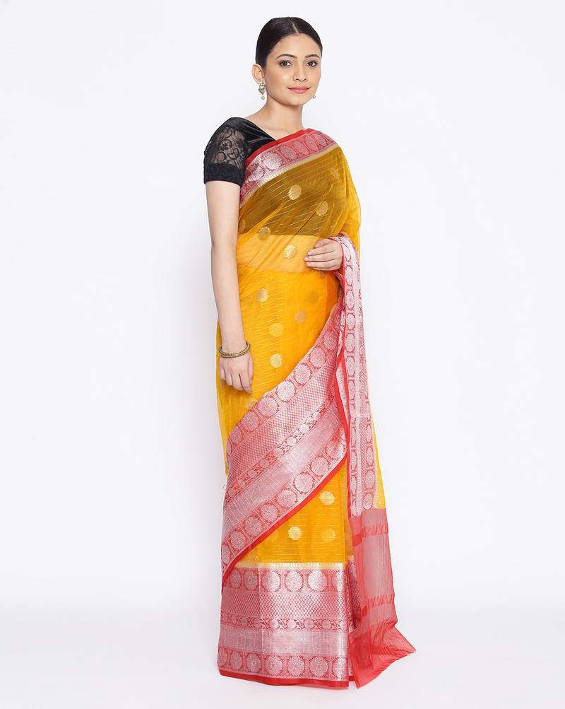 yellow Oraganza Silk Banarasi Zari Booti Skirt Border Saree