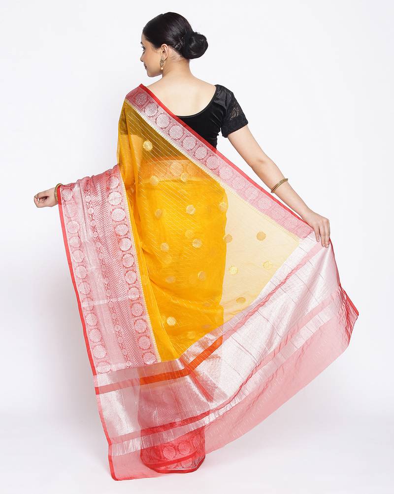 yellow Oraganza Silk Banarasi Zari Booti Skirt Border Saree