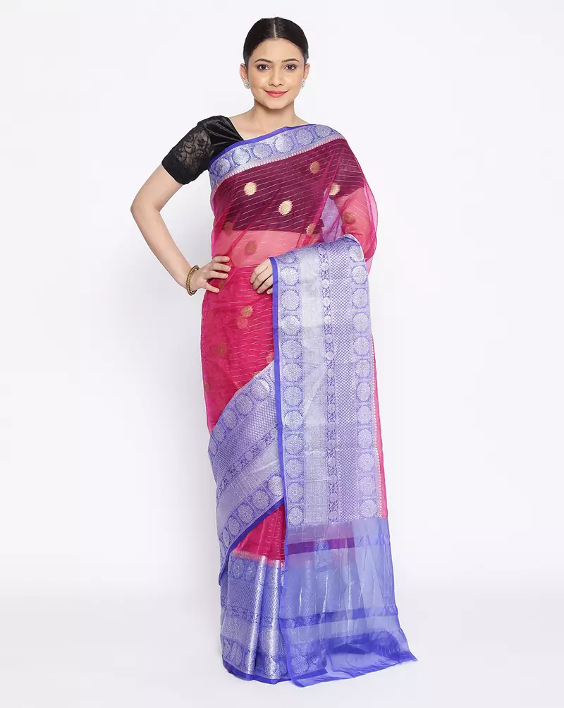 pink Oraganza Silk Banarasi Zari Booti Skirt Border Saree