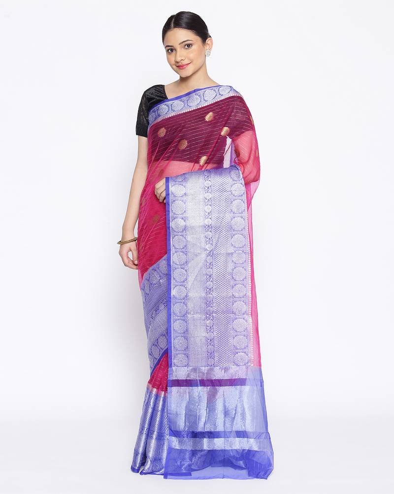 pink Oraganza Silk Banarasi Zari Booti Skirt Border Saree