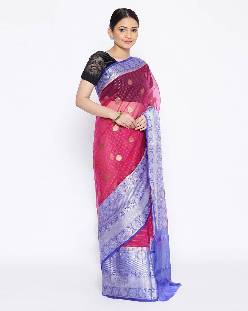 pink Oraganza Silk Banarasi Zari Booti Skirt Border Saree