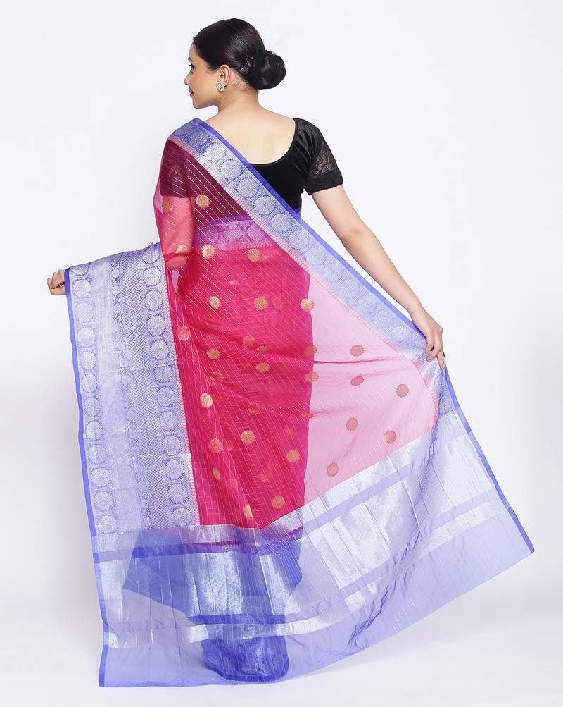 pink Oraganza Silk Banarasi Zari Booti Skirt Border Saree