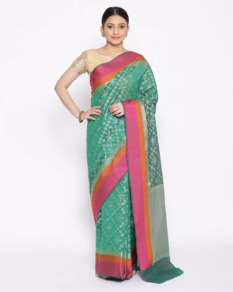 green Silk Blend Banarasi Satan Border saree