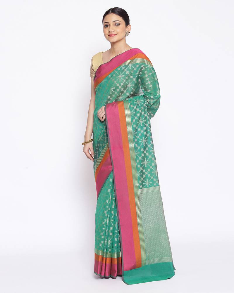 green Silk Blend Banarasi Satan Border saree