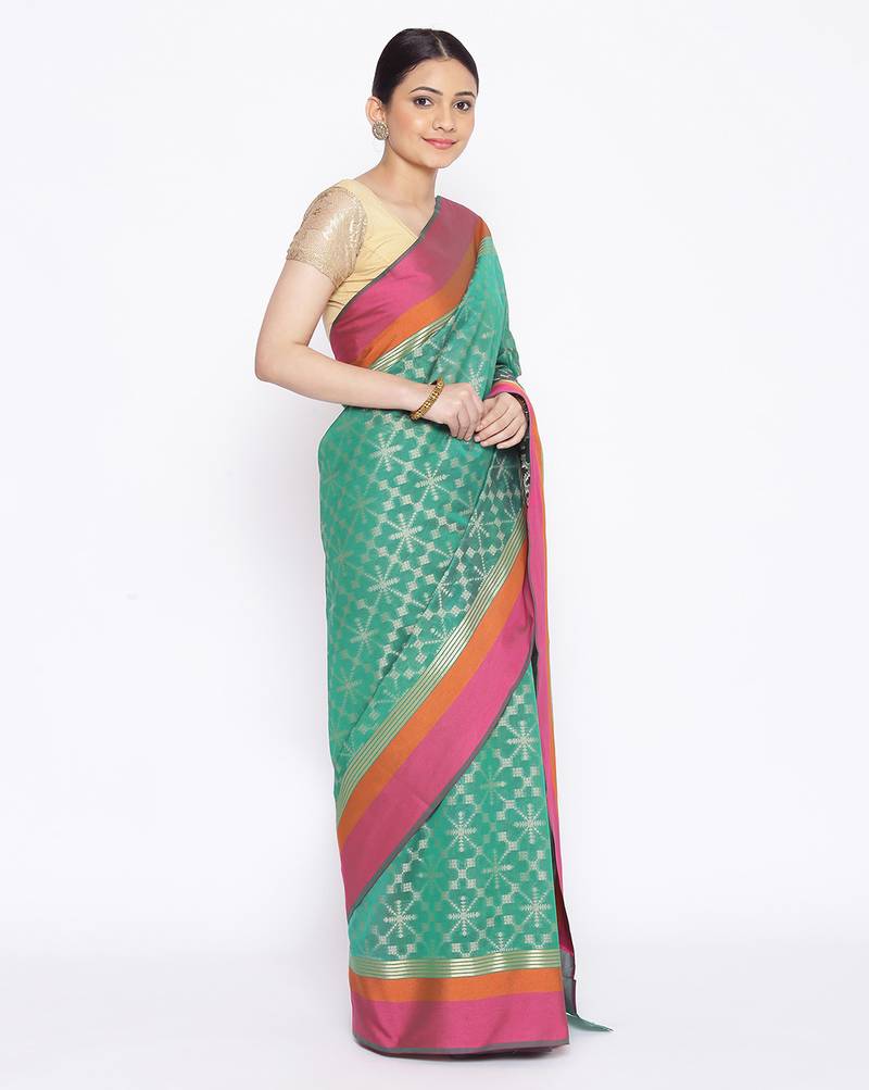 green Silk Blend Banarasi Satan Border saree