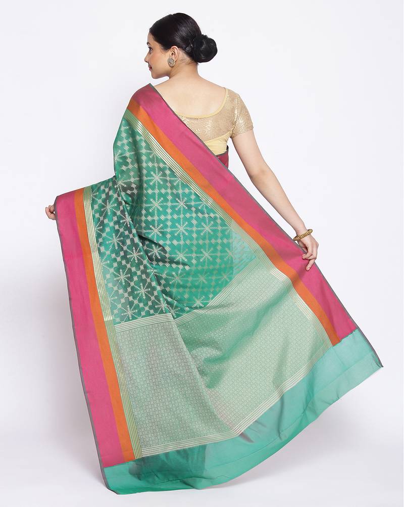 green Silk Blend Banarasi Satan Border saree