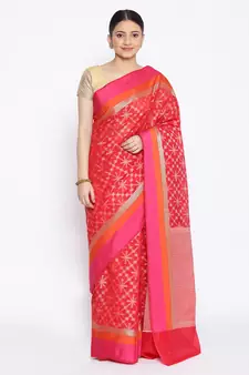 red Silk Blend Banarasi Satan Border saree