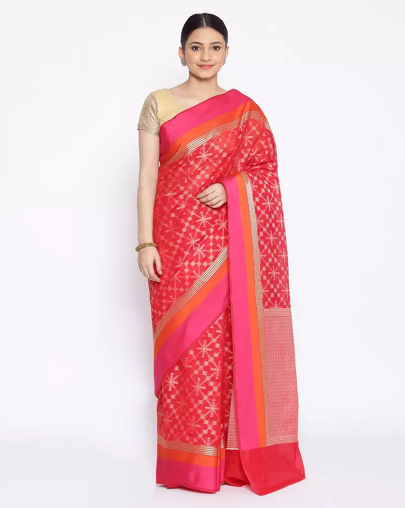 red Silk Blend Banarasi Satan Border saree