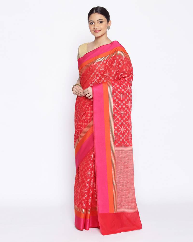 red Silk Blend Banarasi Satan Border saree