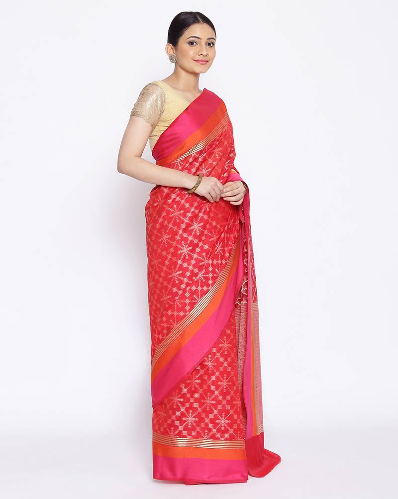 red Silk Blend Banarasi Satan Border saree